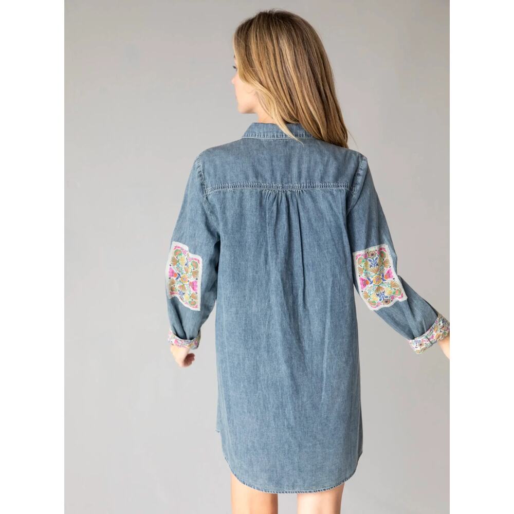 NATURAL LIFE Blue Denim Mini Dress with Floral Accents - Picture 3 of 9